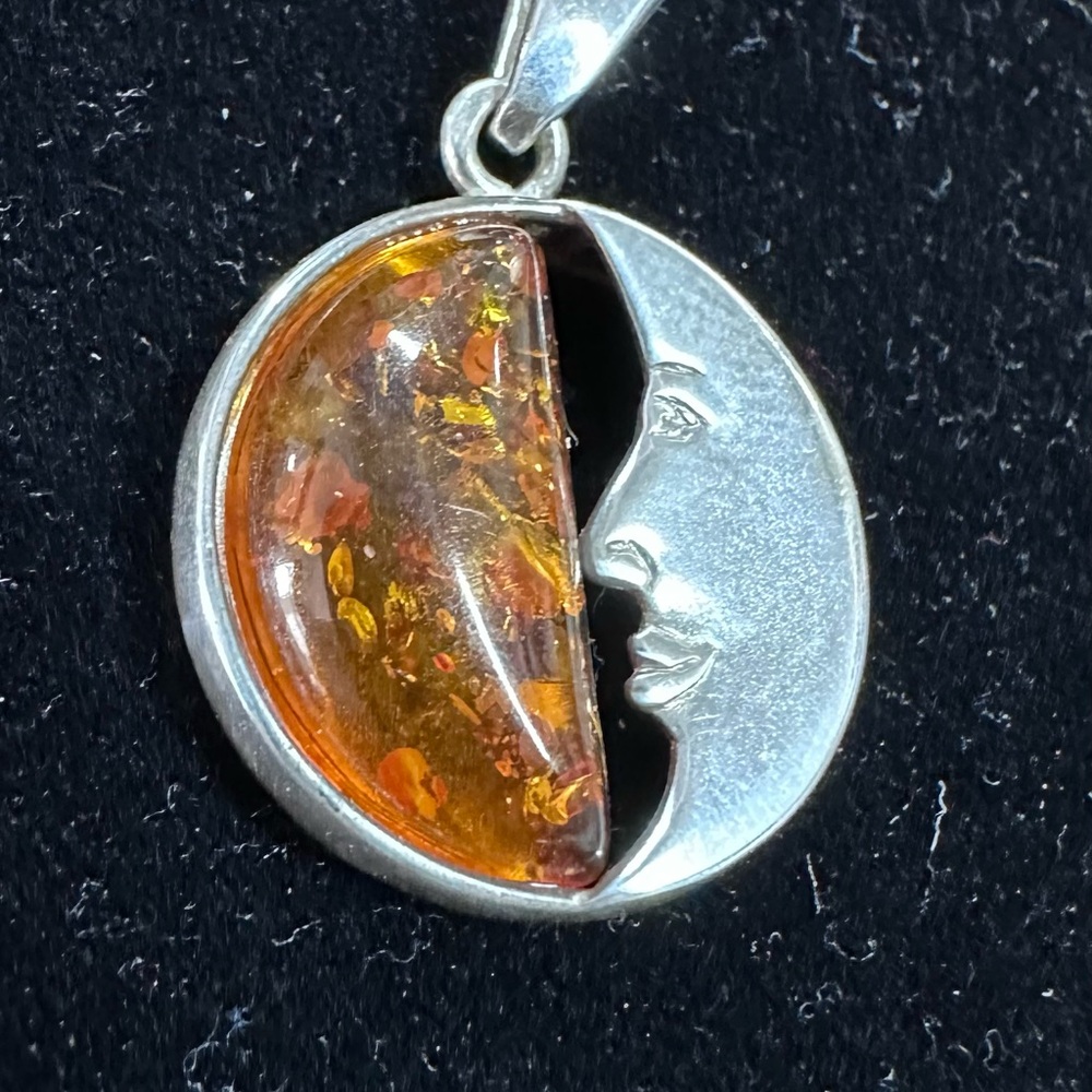 925 Sterling Silver and Amber Moon Pendant #19A